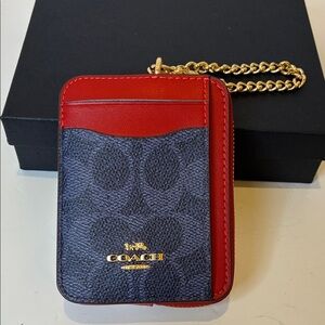 Coach Red and Blue Card Holder/Wallet with Gold Chain for Wrist